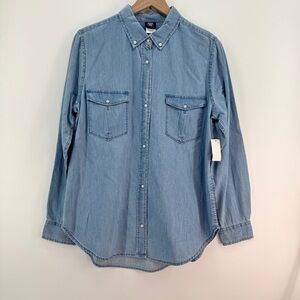 NWT Vintage Chambray Denim Button Up Shirt Sz L‎ Long Sleeve Route 66